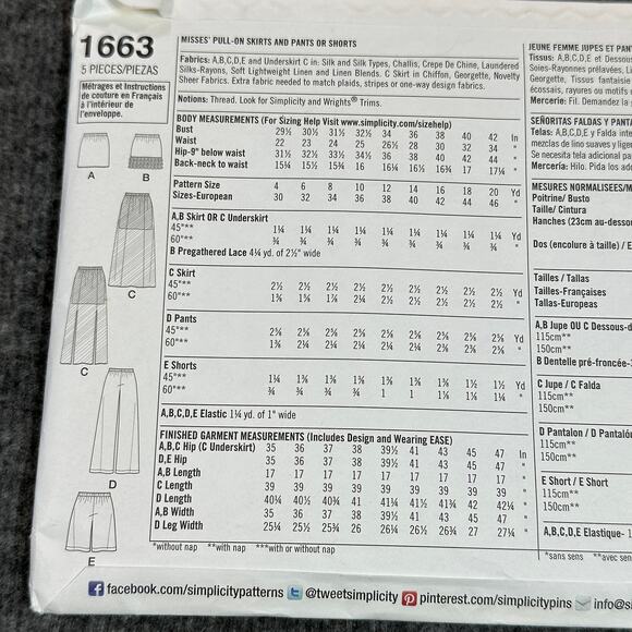 Simplicity Sewing Pattern 1663 Misses Skirt Pant and Shorts Size 12 to 20 - Picture 3 of 4